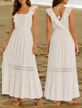 Mossimo Boho Ivory Sleeveless Ruffle Strap Tie Back Maxi Dress